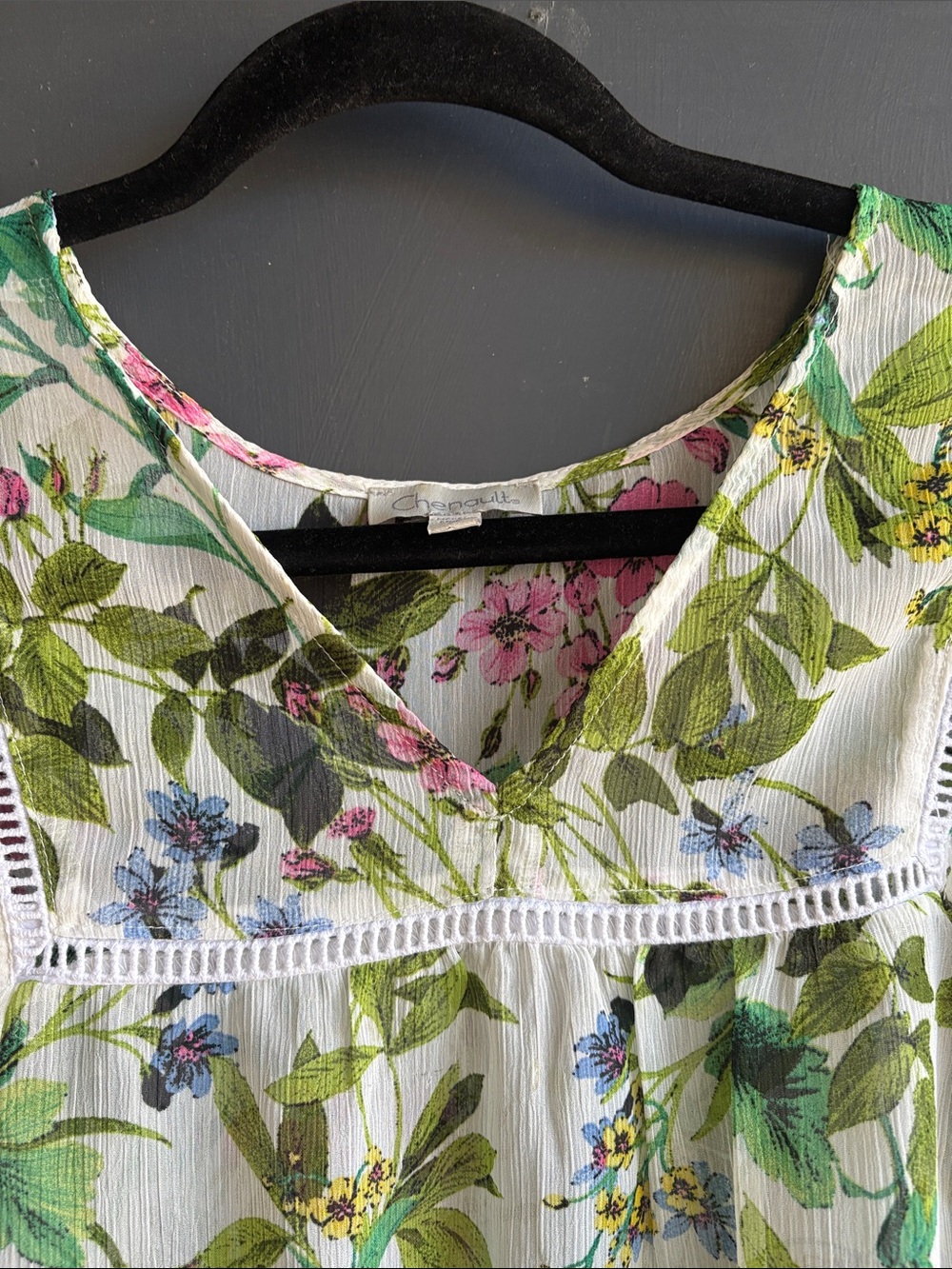 Chenault White Floral Lace-Trim V-Neck Tunic with Pink, Green & Yellow Blooms - Picture 3 of 3